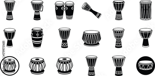 Set of ethnic drum silhouette icons, hand percussion instrument vector collection, tribal music elements, black flat illustration, rhythm sound design, CAD drawing, festival and art concept