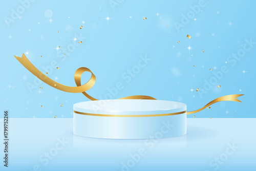 Blue round podium on blue background with glitters, luxury gold elements and confetti for presentations, demonstrations and advertising. Premium blue podium mockup, Vector (EPS) illustration