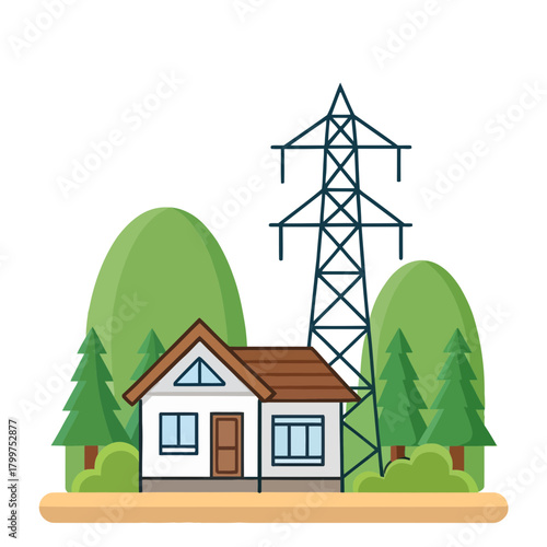 House in forest landscape with electrical transmission tower vector illustration