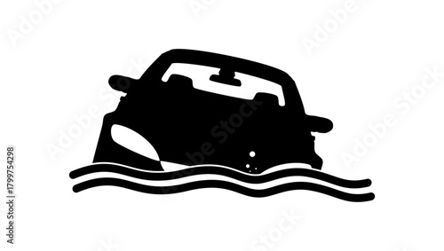 Car submerged in water sign, black isolated silhouette