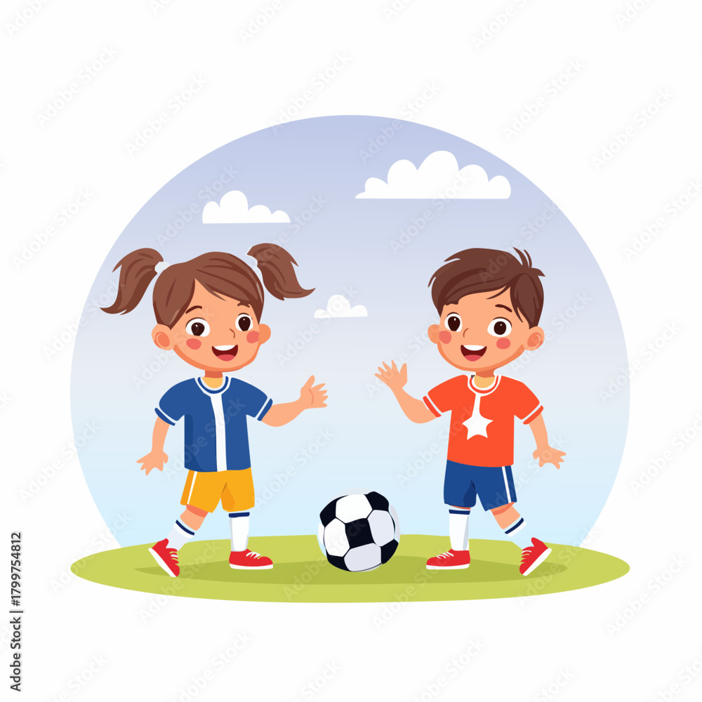 Fototapeta premium Vector Illustration of Two Happy Children, a Boy and a Girl, Enjoying a Friendly Soccer Match on a Sunny Day