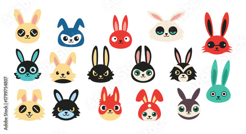 A collection of cute and quirky pixel art bunny faces with different expressions and colors.