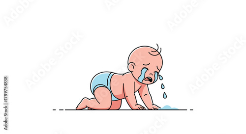 An illustration of a sad baby crying while crawling on the floor.