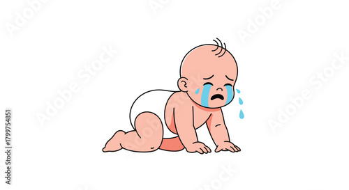 A sad baby crawling on the floor with tears streaming down its face.