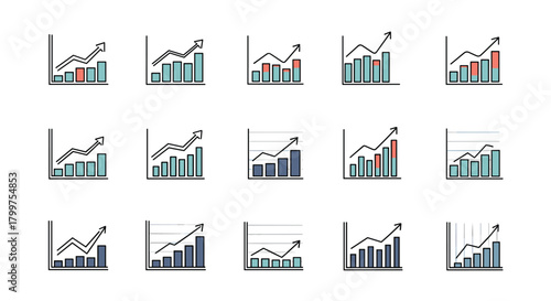 A collection of various bar and line graph visualizations showing upward trends and financial growth.