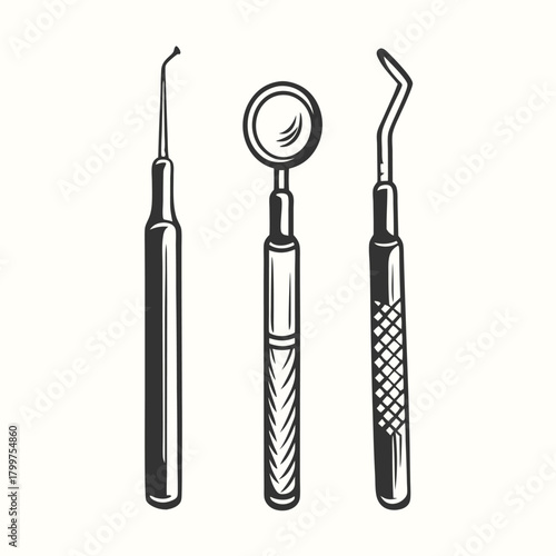 Three unique monochrome dental instruments are aligned in a row over a bright background