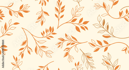 A beautiful seamless pattern featuring delicate branches with subtle leaves in warm autumn tones.