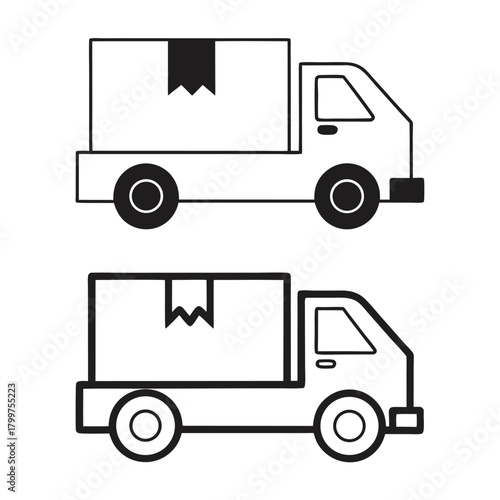 Two shipping trucks transporting packaged boxes are outlined against a white background in this image