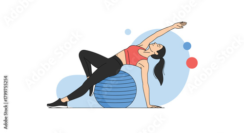 A woman demonstrates a side bend exercise on a stability ball for core strength and flexibility.
