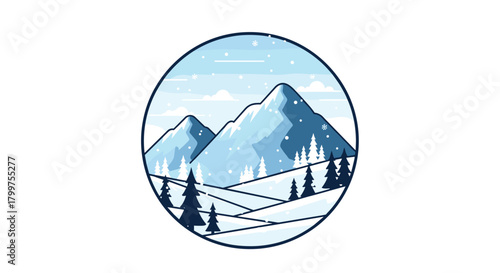 Pixel art landscape featuring snow-capped mountains and pine trees during a gentle snowfall.