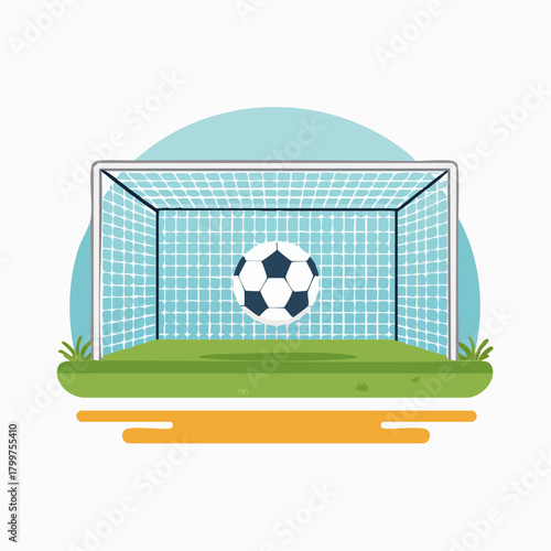 Vibrant Vector Illustration of a Soccer Goal and Ball, Caught in the Net After a Successful Score