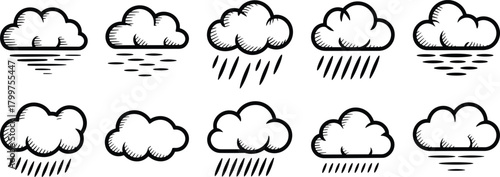 Hand-drawn rain cloud icons, sketch weather symbols, doodle storm illustrations, atmospheric forecast elements, vintage meteorology graphics, isolated vector clouds with rainfall