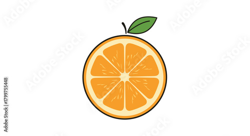 A juicy orange slice with a green leaf on a white background representing healthy eating and nutrition.