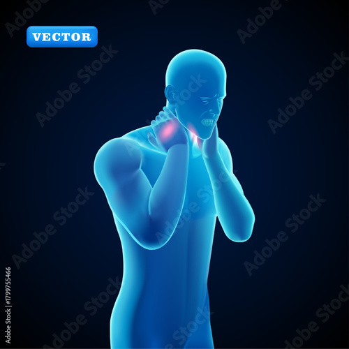 Blue man with neck pain, 3D vector. Suitable for medical and healthcare purposes