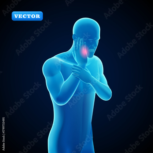 Blue man with pain in molar teeth, 3D vector. Suitable for medical and healthcare purposes