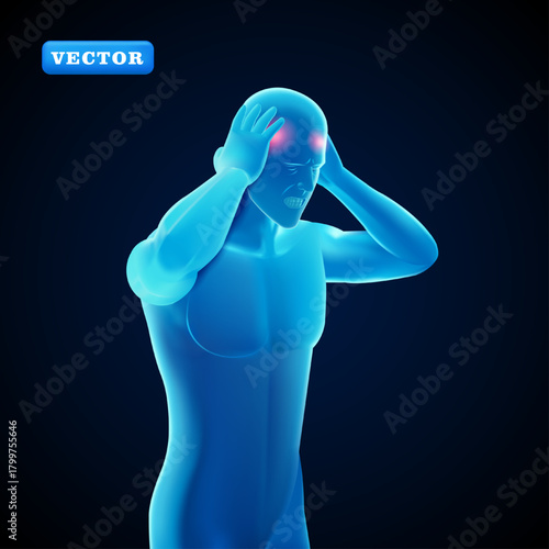 Blue man having a headache, 3D vector. Suitable for medical and health purposes