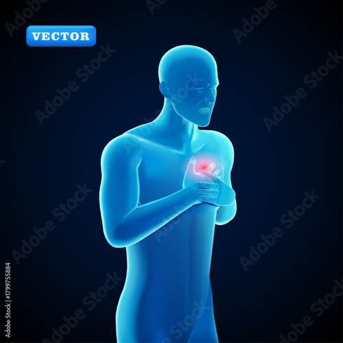 Blue man holding chest in pain, 3D vector. Suitable for medical and health purposes