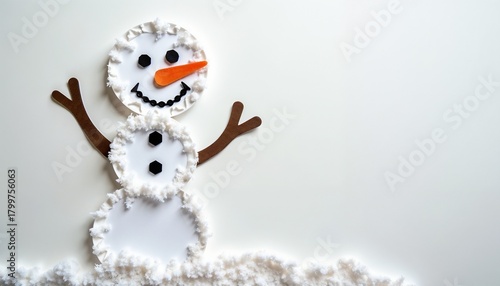 Playful winter holidays card with handmade lopsided snowman paper cutout on clean white background, copy space