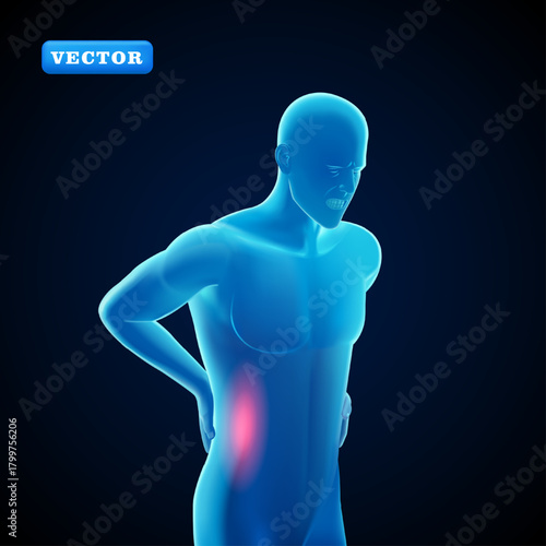 Blue man with back pain, 3D vector. Suitable for medical and healthcare purposes