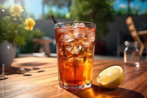 Ice lemon tea drink glass early morning sunny table refreshment ice cubes outside