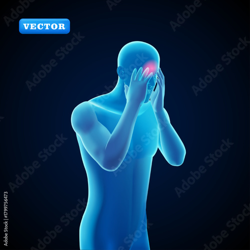 Blue man having a headache, 3D vector. Suitable for medical and health purposes
