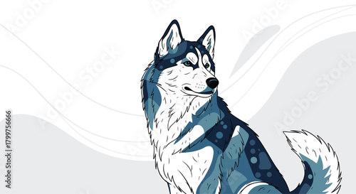 Majestic husky in a cool blue and white pixel art style with swirling abstract patterns.