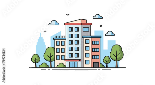 A clean vector illustration depicting various apartment buildings and trees in a city park setting.