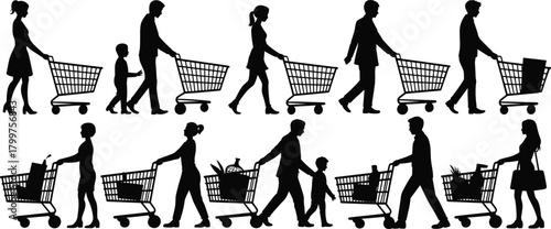 Silhouette people shopping with carts, men women and children walking in store, retail consumer activity, supermarket lifestyle, family grocery shopping scene