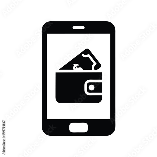 Mobile phone displays a wallet with money in simple black and white vector
