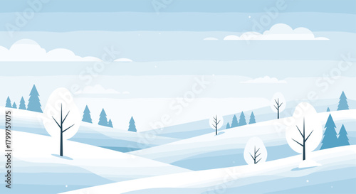 A serene winter landscape with snow covered rolling hills and sparse trees.
