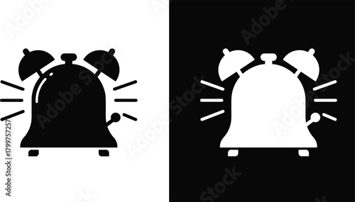 Alarm clock ringing icon set, wake up time symbol, morning reminder design, black and white vector illustration for schedule and alert concept