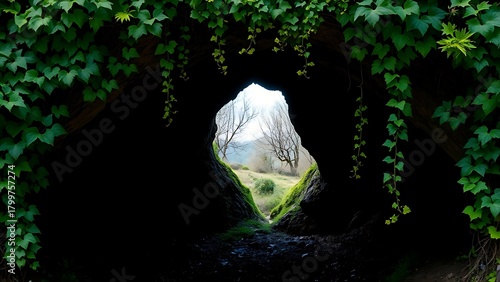 oligarchy. Entrance to an underground cave framed by green vines, dark interior contrasting with bright spring landscape. travel magazines.