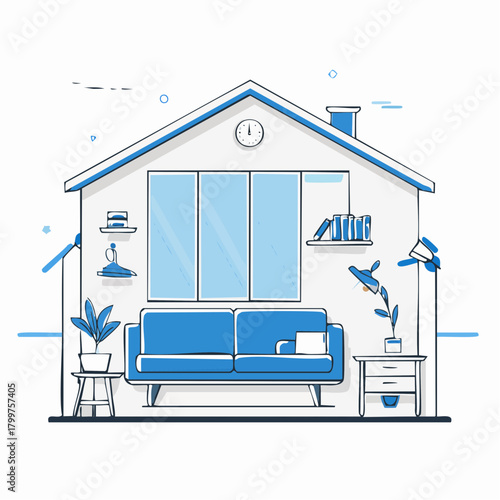 A simple blue and white line drawing of a home interior scene, depicting a cozy living room arrangement for a comfortable lifestyle concept