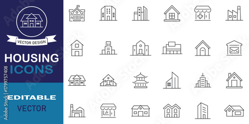 Housing line editable icon set. Collection of house linear icons, factory, hospital, including city, office, bank, school, hotel, shop, university and more. Vector illustration.