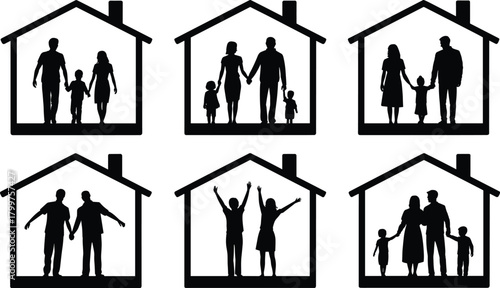 Family silhouettes in house shapes, parents and children together, home safety concept, unity and protection, family bonding illustration, supportive household