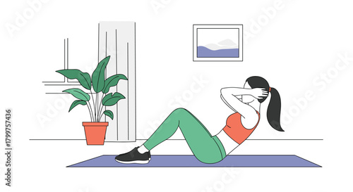 A woman doing crunches on a mat at home focusing on core strength and fitness.
