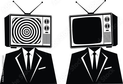 Surreal television headed figures, retro TV heads in suits, vintage media concept, hypnotic screen illustration, abstract technology symbolism artwork