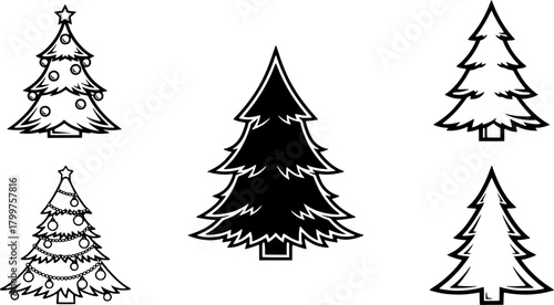 Christmas Tree Outline Vector Set – Simple Flat Style Holiday Icons
