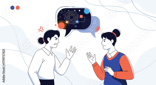 Two people are having a heated discussion with colorful abstract shapes in the background.