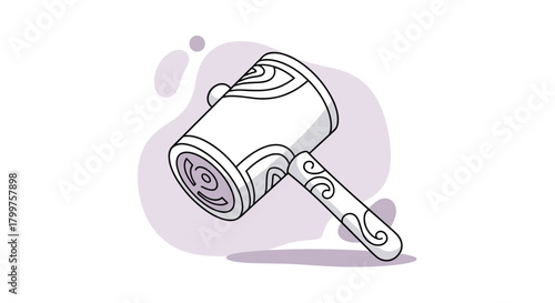 A whimsical illustration of a small stylized mallet with swirling patterns and a light purple aura.