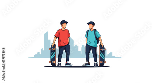 Two young friends with skateboards standing on a street with a cityscape background.