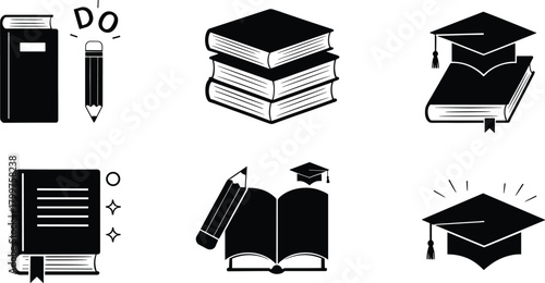 Education icon set vector illustration, academic achievement and study symbols, book pencil graduation cap design, cad drawing flat vector illustration