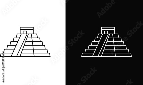 Ancient Mayan pyramid icon, vector illustration of Chichen Itza temple, historical architecture landmark, archaeological site symbol in black and white background design