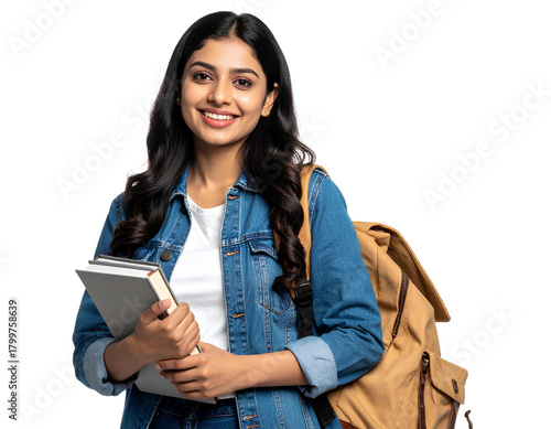 Portrait of a smiling young female Indian college student wearing casual clothes, isolated on a transparent background.
