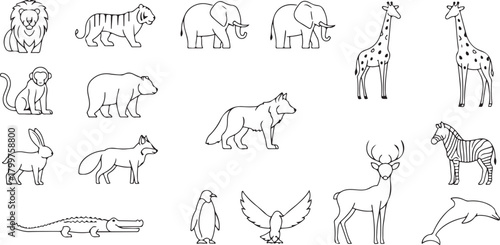 Collection of Outline Zoo Animals and Wildlife Creatures Keywords: lion, tiger, elephant