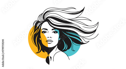 Portrait of a woman with flowing hair and a colorful background.