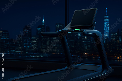 Treadmill stands in a dark room with a glowing screen, set against a cityscape at night through a large window. Concept of fitness technology and night view.