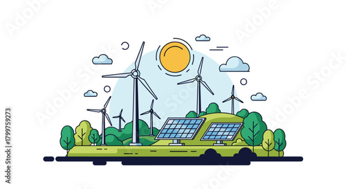 Renewable energy sources including wind turbines and solar panels power a green landscape under the sun.