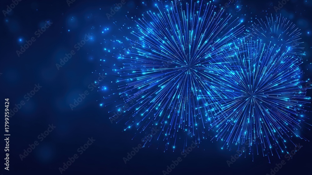 Fototapeta premium Vibrant blue fireworks burst against a dark backdrop, creating a festive and celebratory atmosphere filled with light and color.