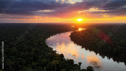 Sunset over the amazon river with the forest and the sun reflecting in water